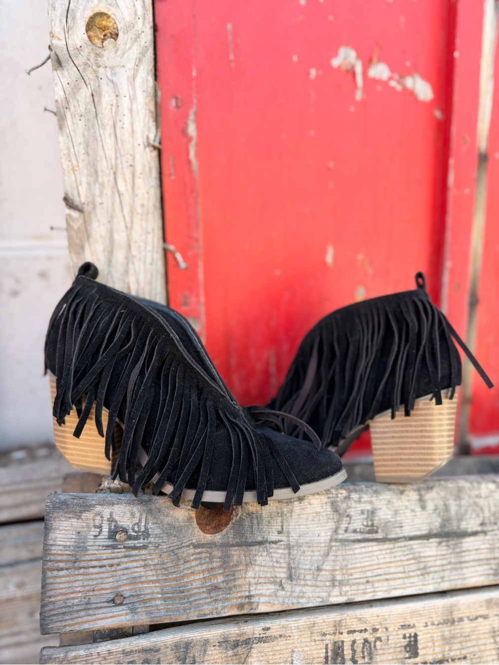 BEAST FASHION Black Suede Fringe Ankle Booties with Stacked Heel